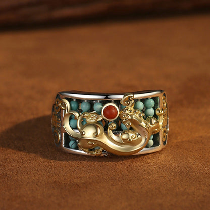 Mythstone 925 Sterling Silver Turquoise Red Agate PiXiu Abacus Protection Ring