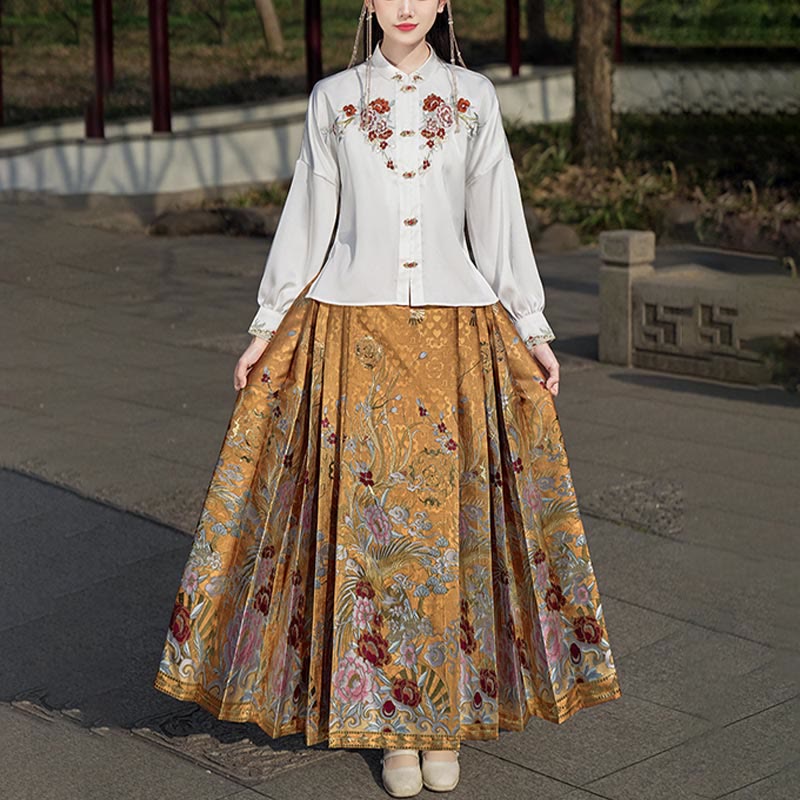 Mythstone Golden Flower Phoenix Embroidery Long Sleeve Shirt Top Chinese Hanfu Ming Dynasty Horse Face Skirt Mamianqun Skirt