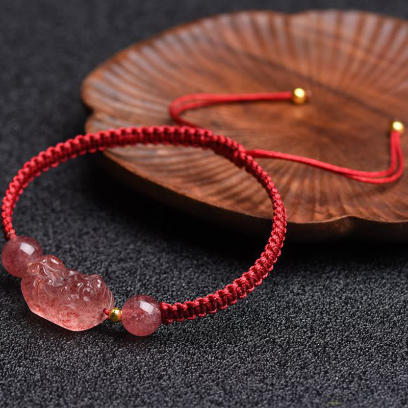 Mythstone Natural Strawberry Quartz PiXiu Lucky Red String Bracelet