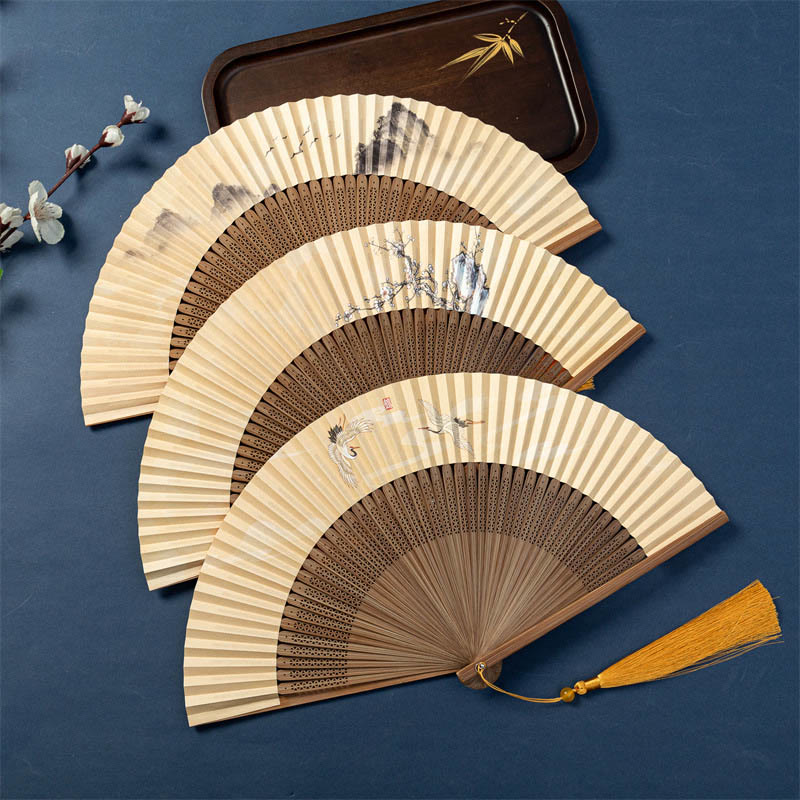 Mythstone Lotus Dragonfly Wild Geese Plum Blossom Handheld Silk Bamboo Folding Fan 22.5cm