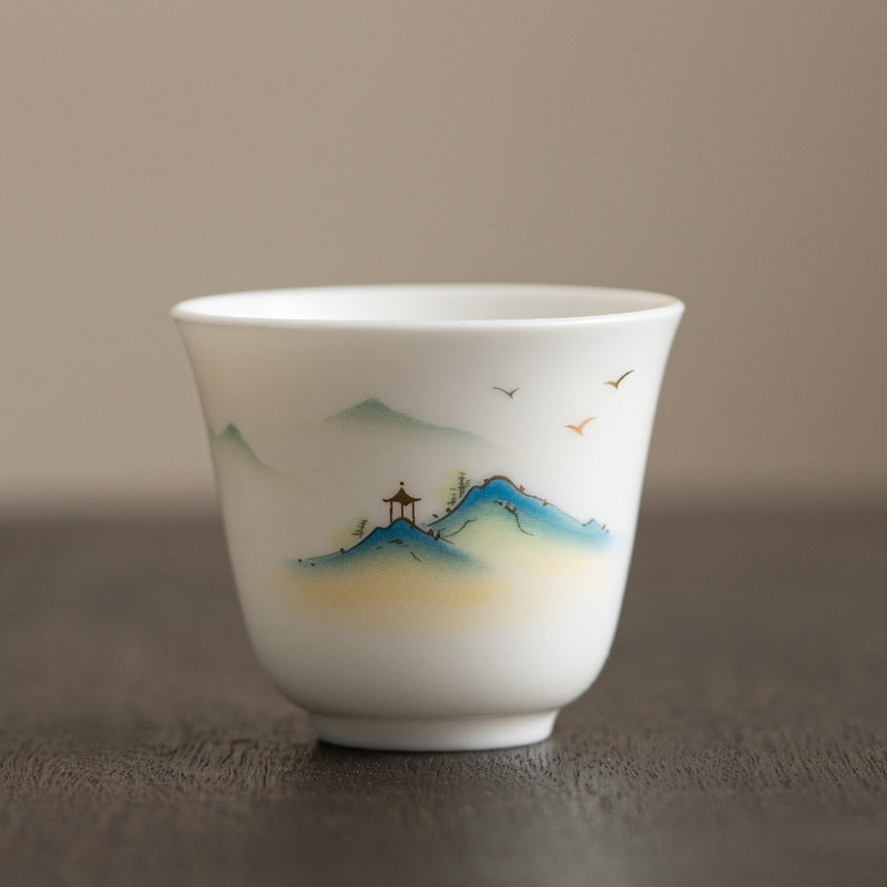 Mythstone Lotus Flower Leaf Mountain Pavilion Elk Peony Ceramic Teacup Kung Fu Tea Cup