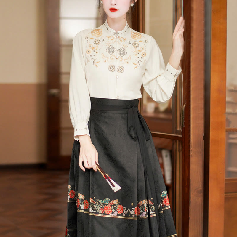 Mythstone Long Sleeve Shirt Embroidery Top Chinese Hanfu Phoenix Horse Face Skirt Mamianqun