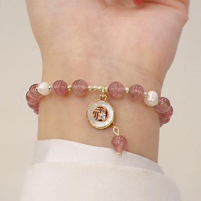 Mythstone Strawberry Quartz Pearl Elk Smiley Face Fishtail Fu Character Charm Healing Bracelet