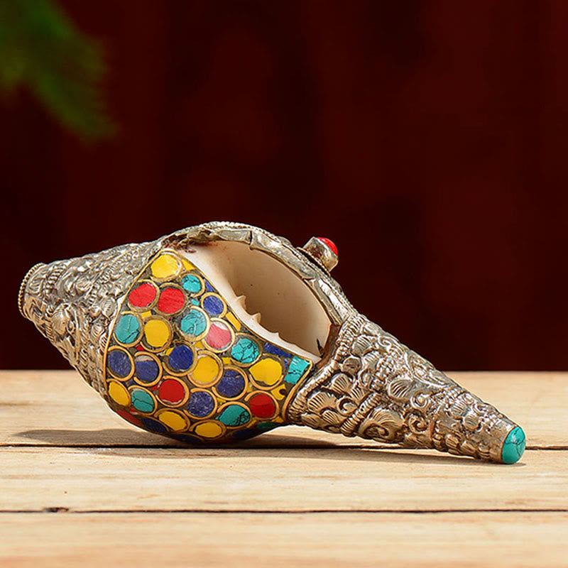 Mythstone Tibetan Handmade Natural Shankha Colorful Conch Shell Seashell Wealth Home Decoration