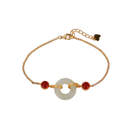 Mythstone 925 Sterling Silver Plated Gold Natural Hetian Jade Peace Buckle Red Agate Luck Bracelet