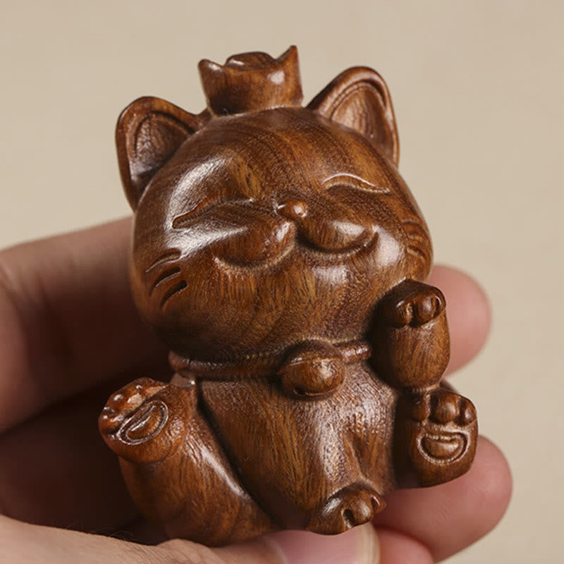 Mythstone Mini Green Sandalwood Ingot Lucky Cat Carved Peace Desk Decorations