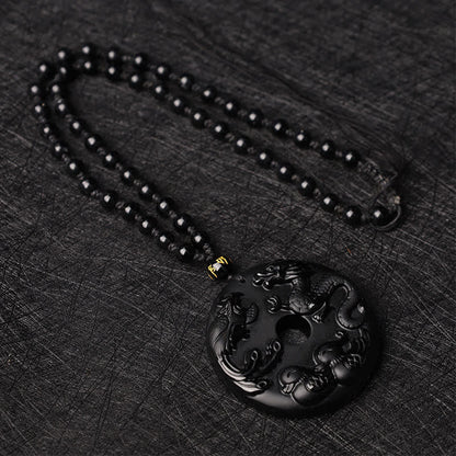 Mythstone Black Obsidian Dragon Phoenix Mandarin Duck Luck Protection Necklace Pendant