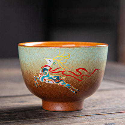 Mythstone Colorful Deer Pipa Snow Plum Blossoms Mountains Rivers Bird Ceramic Teacup Kung Fu Tea Cup Bowl