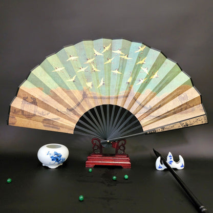 Mythstone Great Wall Mountains Trees Crane Bamboo Handheld Silk Bamboo Folding Fan 33.5cm