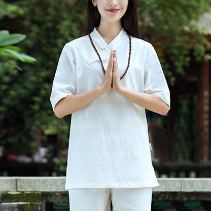 Mythstone 2Pcs Half Sleeve V-Neck Shirt Top Pants Meditation Zen Tai Chi Linen Clothing Women's Set