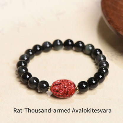 Mythstone Chinese Zodiac Natal Buddha Natural Black Obsidian Cinnabar Purification Bracelet