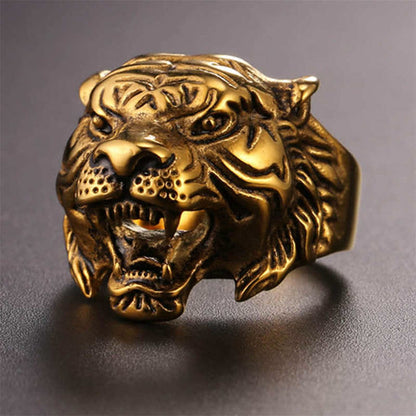 Mythstone Men's Animal Tiger Head Titanium Steel Balance Calm Punk Rock Biker Ring