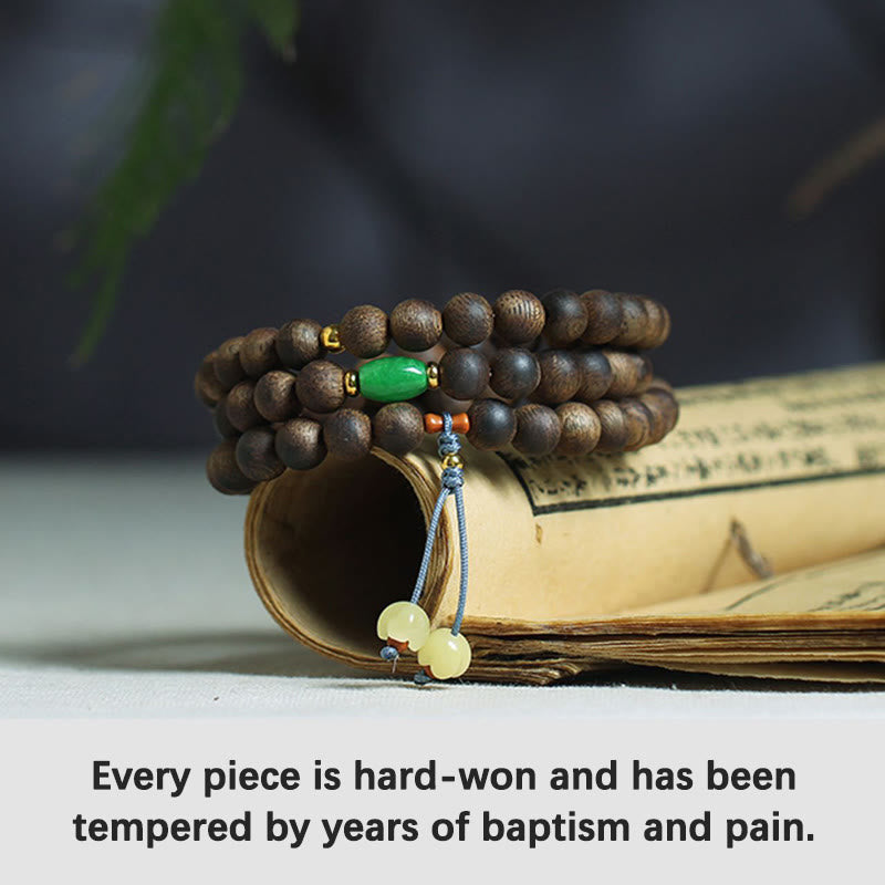 MythStone 108 Mala Beads Nha Trang Bai Qinan Agarwood Cyan Jade Amber Strength Meditation Bracelet