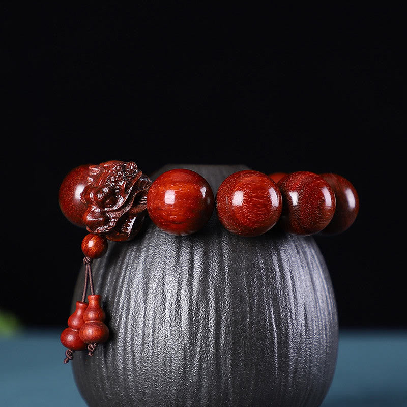 MythStone Rosewood Green Sandalwood Small Leaf Red Sandalwood Agarwood Dragon Carved Protection Bracelet