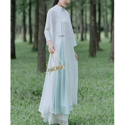 Mythstone Three Quarter Sleeve Chiffon Cheongsam Midi Dress Wide Leg Pants Meditation Zen Practice Clothing