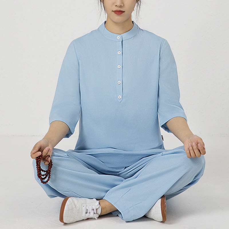 Mythstone 2Pcs Buttons Three Quarter Sleeve Shirt Top Pants Meditation Zen Tai Chi Cotton Linen Clothing Women's Set