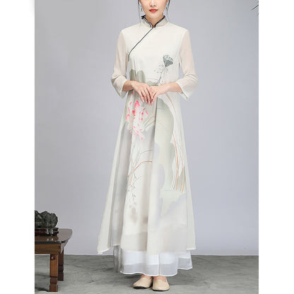 Mythstone Lotus Flower Pod Chiffon Cheongsam Midi Dress Meditation Zen Practice Clothing