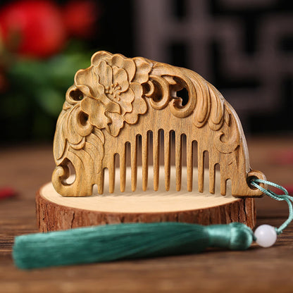 Mythstone Green Sandalwood Fox Peony Flower Lotus Engraved Cure Tassel Comb