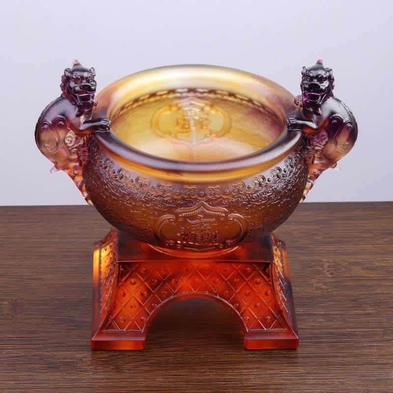 Mythstone Handmade Liuli Crystal PiXiu Treasure Bowl Art Piece Home Decoration