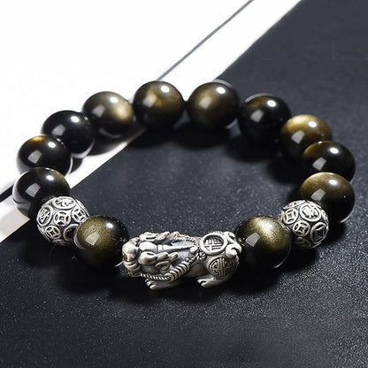 Mythstone 925 Sterling Silver Natural Gold Sheen Obsidian PiXiu Wealth Protection Bracelet