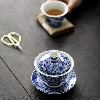 Mythstone Vintage Blue And White Porcelain Ceramic Gaiwan Sancai Teacup Kung Fu Tea Cup And Saucer With Lid