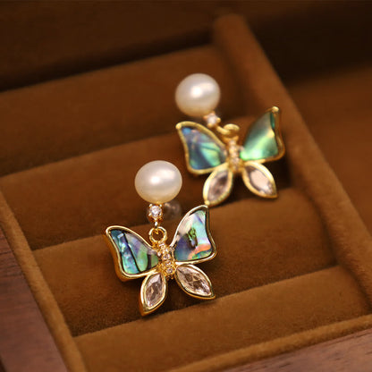 Mythstone 18K Gold Plated Copper Natural Shell Pearl Butterfly Sincerity Stud Earrings