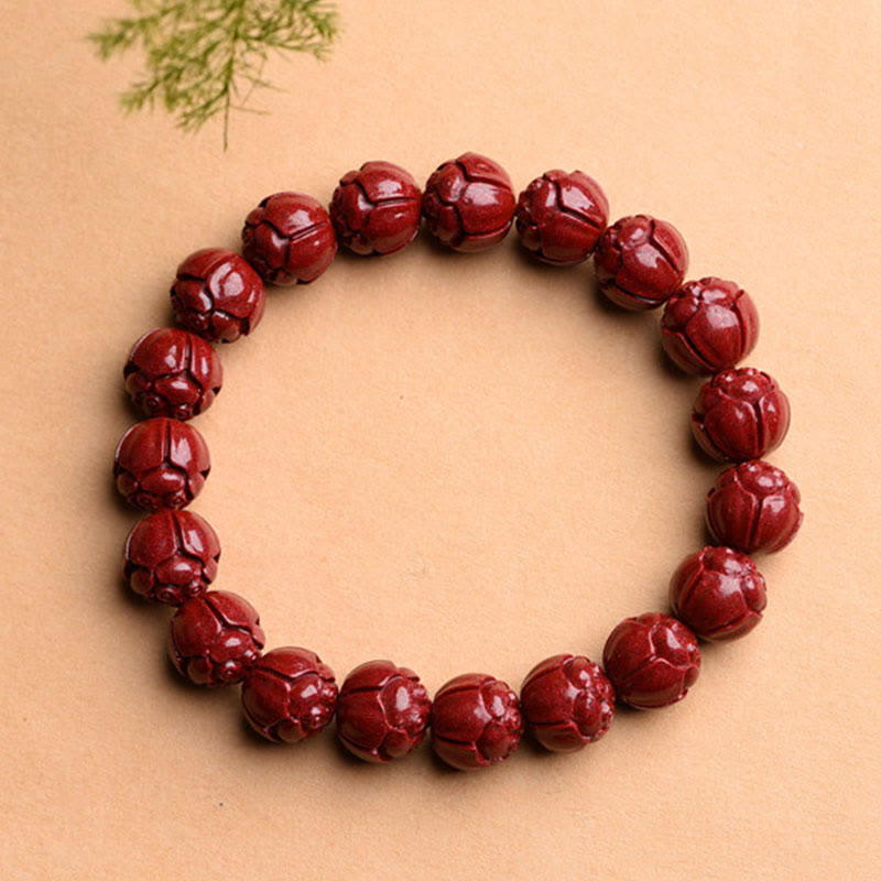 Mythstone Natural Cinnabar Om Mani Padme Hum Fret Pattern Lotus Blessing Bracelet