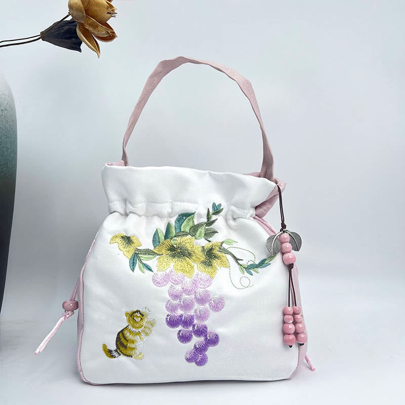 Mythstone Embroidered Osmanthus Peony Grape Cat Cotton Linen Tote Crossbody Bag Shoulder Bag Handbag