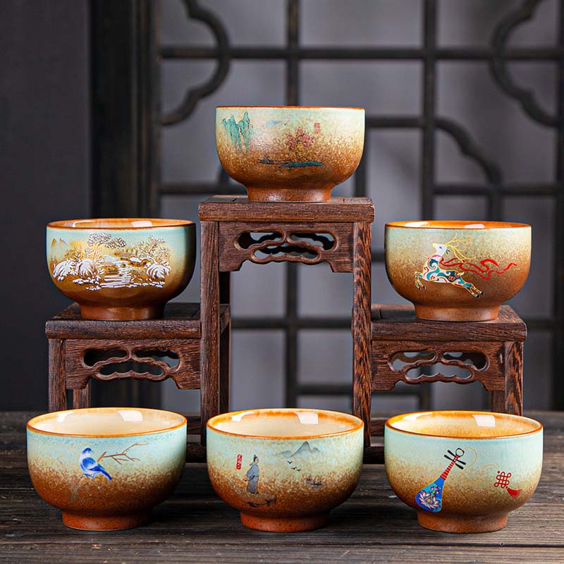 Mythstone Colorful Deer Pipa Snow Plum Blossoms Mountains Rivers Bird Ceramic Teacup Kung Fu Tea Cup Bowl