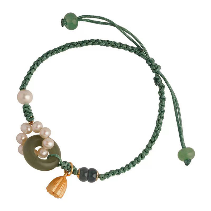 Pulsera trenzada hecha a mano con hebilla de paz y perla de la suerte de jade hetiano natural Mythstone