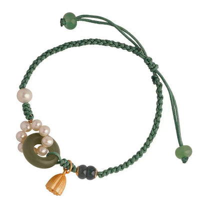 Pulsera trenzada hecha a mano con hebilla de paz y perla de la suerte de jade hetiano natural Mythstone