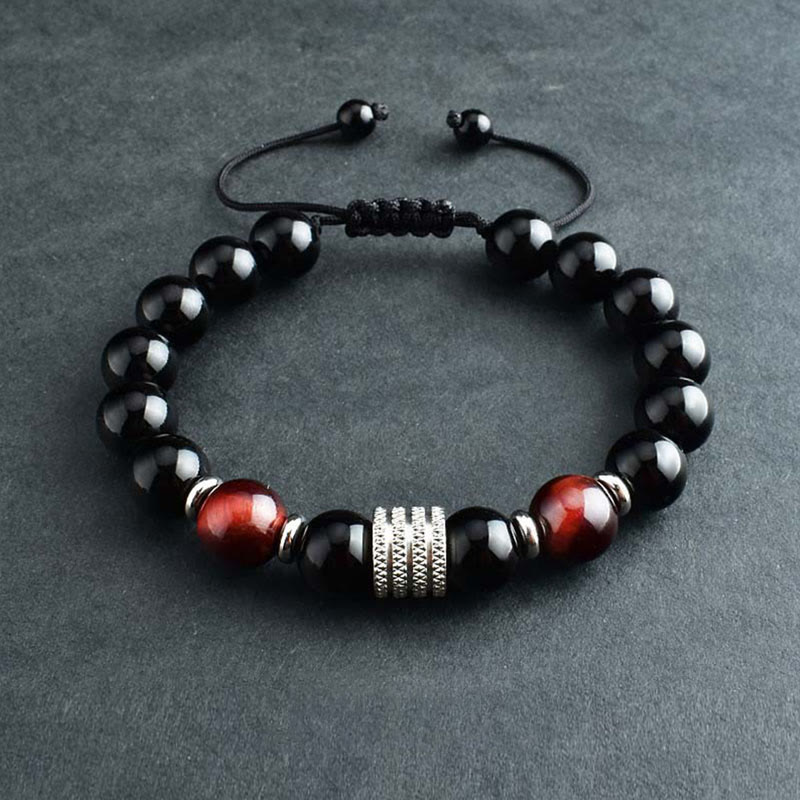 Pulsera de piedra mitológica con obsidiana negra natural y ojo de tigre