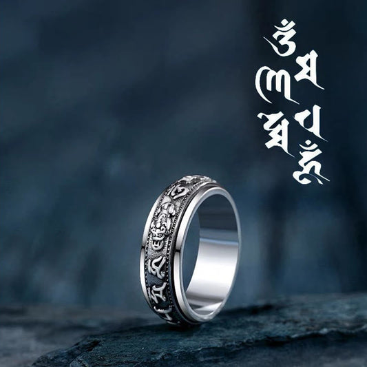 Mythstone Tibetan Om Mani Padme Hum PiXiu Engraved Wealth Luck Rotatable Ring