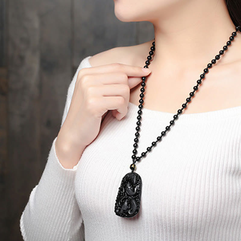 Mythstone Black Obsidian Koi Fish Engraved Strength Beaded Necklace Pendant