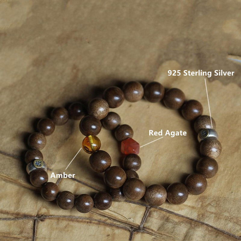 Mythstone Chinese Zodiac Natal Buddha Kalimantan Agarwood Red Agate Amber 925 Sterling Silver Bracelet