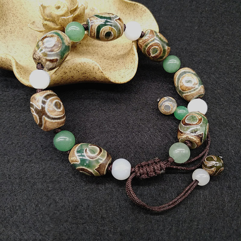 MythStone Tibetan Three-eyed Dzi Bead Luck Protection Braided Bracelet