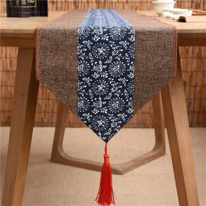 Mythstone Classic Chinese Style Lotus Koi Fish Flower Crane Calligraphy Enlightenment Cotton Linen Tassels Table Runner