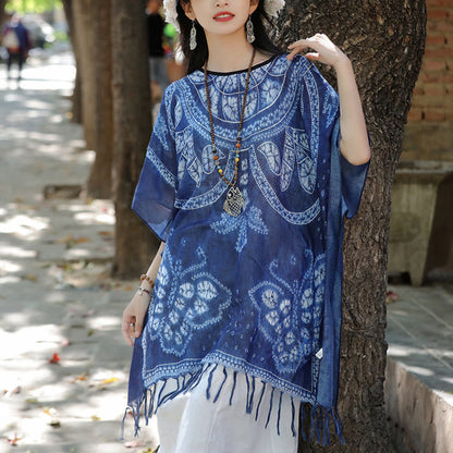 Mythstone Blue Butterfly Indigo Dyeing Shawl Tassels Cozy Travel Pullover 90*95cm