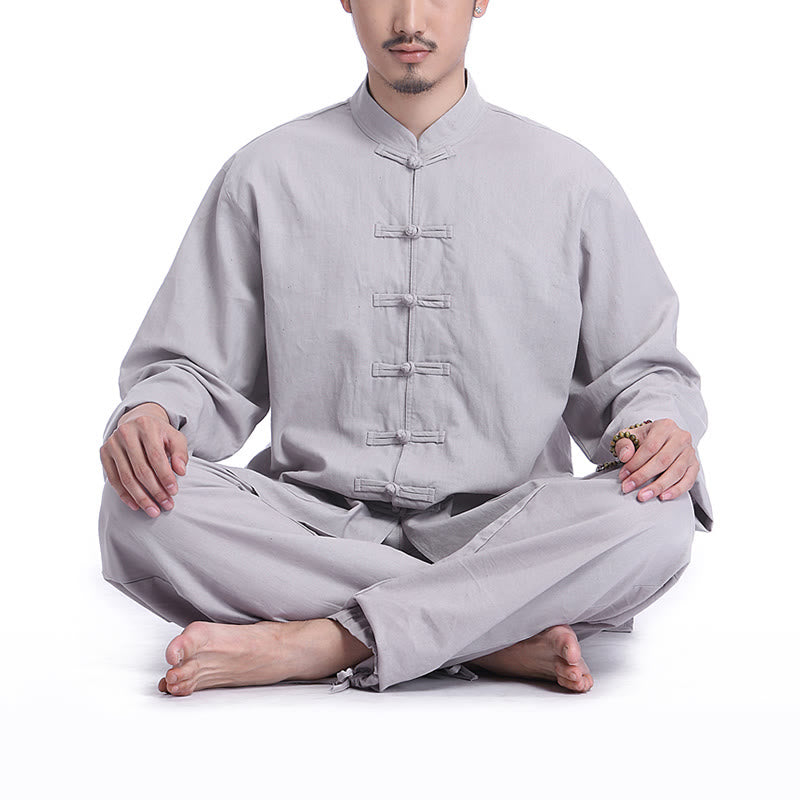 Mythstone Chinese Frog Button Design Meditation Prayer Cotton Linen Spiritual Zen Practice Yoga Clothing Men's Set