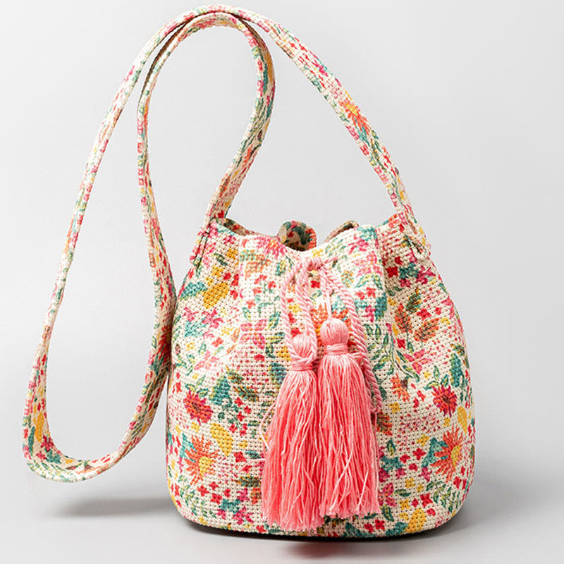 Mythstone Colorful Geometry Flowers Print Canvas Bucket Crossbody Bag Shoulder Bag