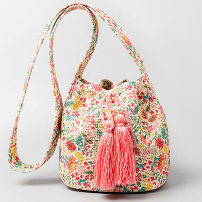 Mythstone Colorful Geometry Flowers Print Canvas Bucket Crossbody Bag Shoulder Bag