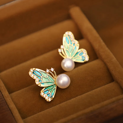 Mythstone 925 Sterling Silver Posts 18K Gold Plated Copper Natural Pearl Butterfly Healing Stud Earrings