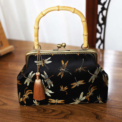 Mythstone Dragonfly Crane Bamboo Leaves Plum Blossom Bamboo Handles Handbag