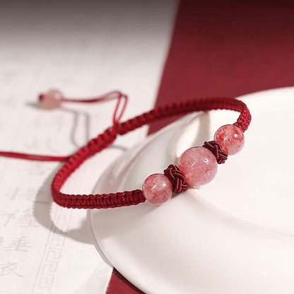 MythStone Natural Strawberry Quartz Crystal Love Red String Weave Bracelet Anklet