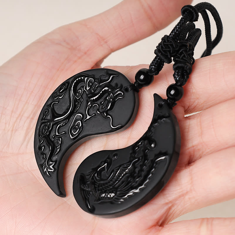 Mythstone Black Obsidian Yin Yang Dragon Phoenix Luck Necklace Pendant