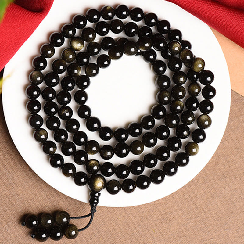 Mythstone 108 Mala Beads Natural Gold Sheen Obsidian Wealth Bracelet