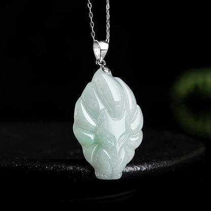 Mythstone 925 Sterling Silver Natural Jade Nine Tailed Fox Prosperity Necklace Pendant