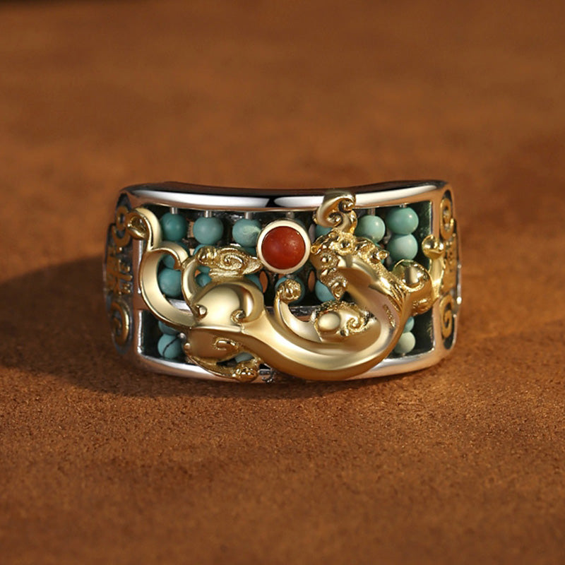 Mythstone 925 Sterling Silver Turquoise Red Agate PiXiu Abacus Protection Ring