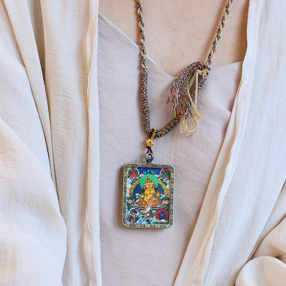 Mythstone Tibet Five Directions Gods of Wealth Hand-Painted Thangka Buddha Serenity Necklace Pendant