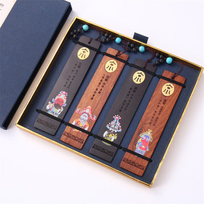 Mythstone 4Pcs Four Seasons Plum Orchid Bamboo Chrysanthemum Peking Opera Mask Wood Bookmarks With Gift Box